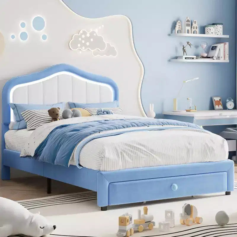 Cadre de lit plateforme capitonné Twin XL avec lumières LED et tiroir de rangement - Tête de lit en velours, support à lattes en bois, pas besoin de sommier tapissier, bleu