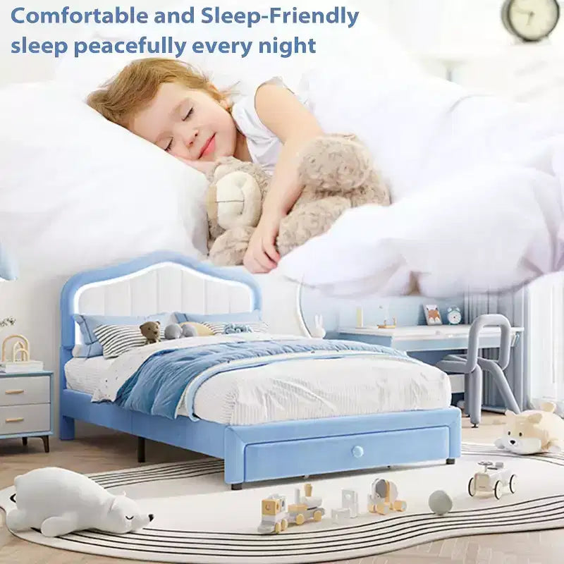 Cadre de lit plateforme capitonné Twin XL avec lumières LED et tiroir de rangement - Tête de lit en velours, support à lattes en bois, pas besoin de sommier tapissier, bleu