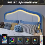 Cadre de lit plateforme capitonné Twin XL avec lumières LED et tiroir de rangement - Tête de lit en velours, support à lattes en bois, pas besoin de sommier tapissier, bleu