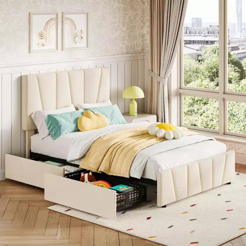 Twin Bed Frame with Adjustable Headboard & 2 Drawers - Velvet Tufted Platform, Wood Slats, No Box Spring, Beige/Cream