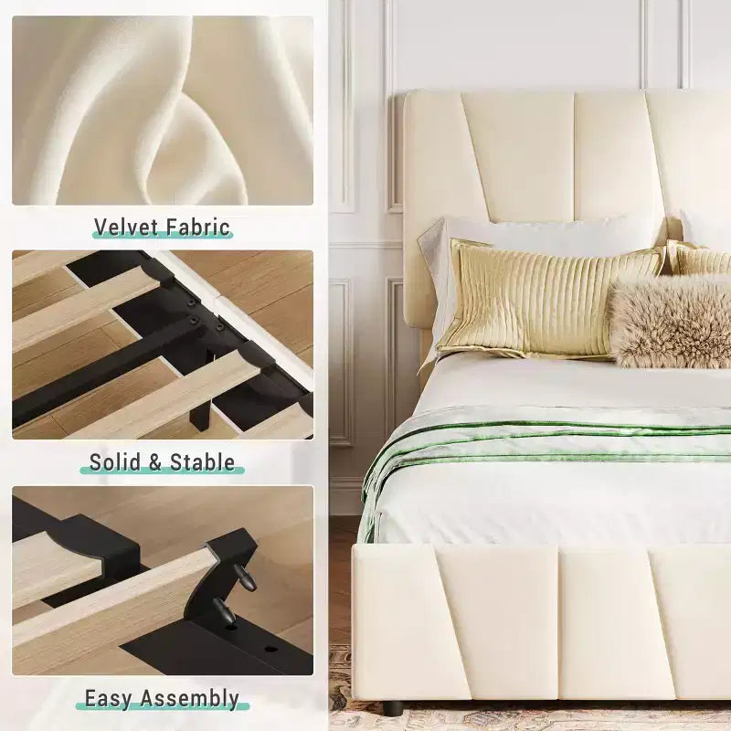 Cadre de lit simple avec tête de lit réglable et 2 tiroirs - Plateforme capitonnée en velours, lattes en bois, pas de sommier tapissier, beige/crème