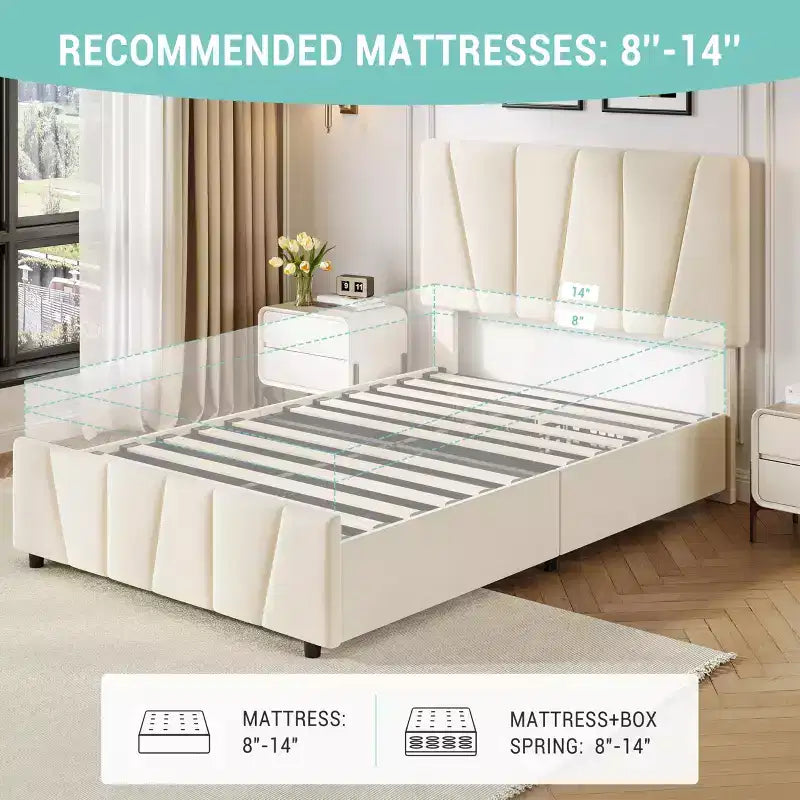 Cadre de lit simple avec tête de lit réglable et 2 tiroirs - Plateforme capitonnée en velours, lattes en bois, pas de sommier tapissier, beige/crème