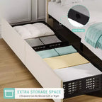 Cadre de lit simple avec tête de lit réglable et 2 tiroirs - Plateforme capitonnée en velours, lattes en bois, pas de sommier tapissier, beige/crème