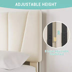 Cadre de lit simple avec tête de lit réglable et 2 tiroirs - Plateforme capitonnée en velours, lattes en bois, pas de sommier tapissier, beige/crème