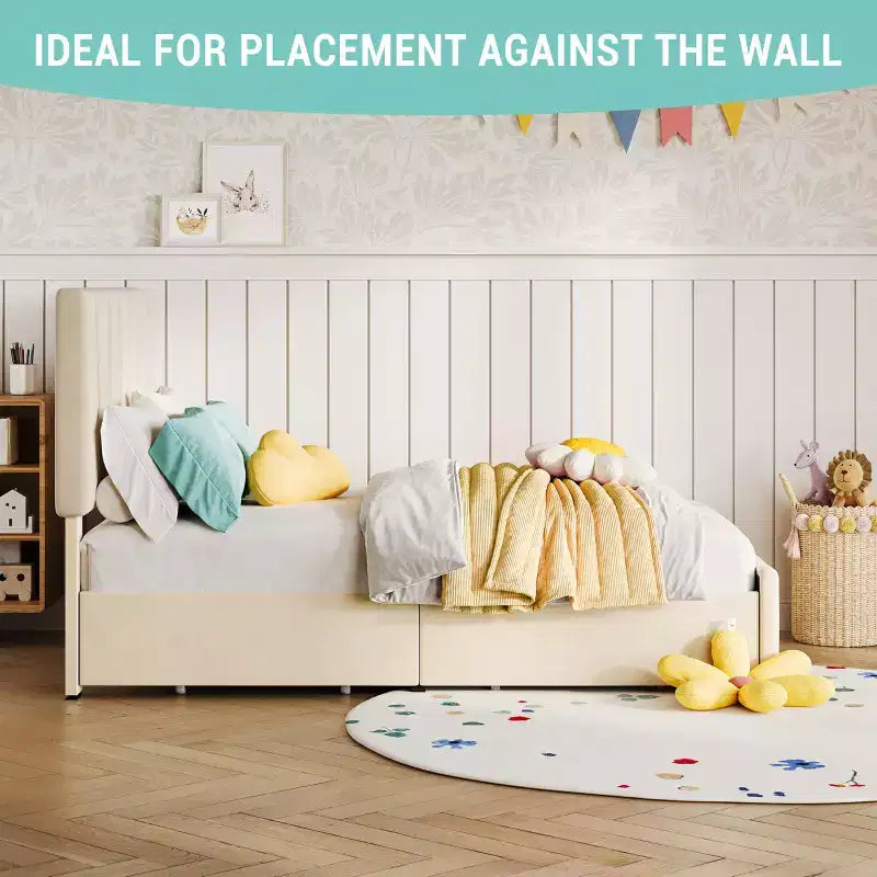 Cadre de lit simple avec tête de lit réglable et 2 tiroirs - Plateforme capitonnée en velours, lattes en bois, pas de sommier tapissier, beige/crème