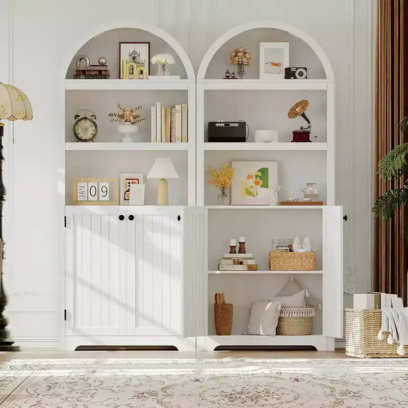 Bibliothèque étagère voûtée à 5 niveaux de 181,9 cm de haut avec portes doubles et étagère réglable, meuble de rangement moderne en bois pour salon, chambre, bureau à domicile