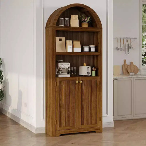 Bibliothèque étagère voûtée à 5 niveaux de 181,9 cm de haut avec portes doubles et étagère réglable, meuble de rangement moderne en bois pour salon, chambre, bureau à domicile
