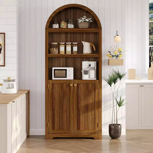 71.65'' Tall Arched 5-Tier Bookcase Cabinet with Double Doors & Adjustable Shelf, Modern Wooden Storage for Living Room, Bedroom, Home Office