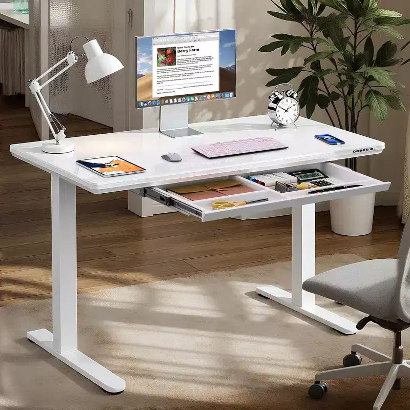 GALAXHERO Bureau debout 48'' avec tiroirs, bureau électrique en verre monobloc à hauteur réglable, bureau assis-debout à installation rapide, blanc