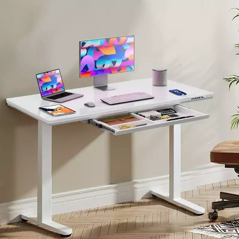 GALAXHERO Bureau debout 48'' avec tiroirs, bureau électrique en verre monobloc à hauteur réglable, bureau assis-debout à installation rapide, blanc