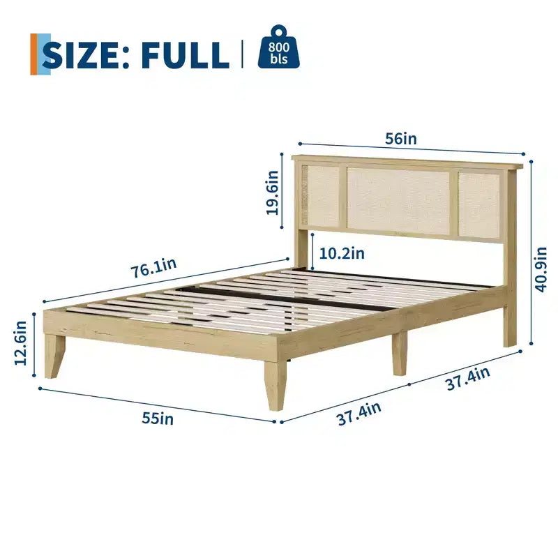 Cadre de lit avec tête de lit en rotin naturel, lattes en bois robustes, plateforme en métal, support de matelas en canne style bohème, aucun sommier tapissier requis, élégant