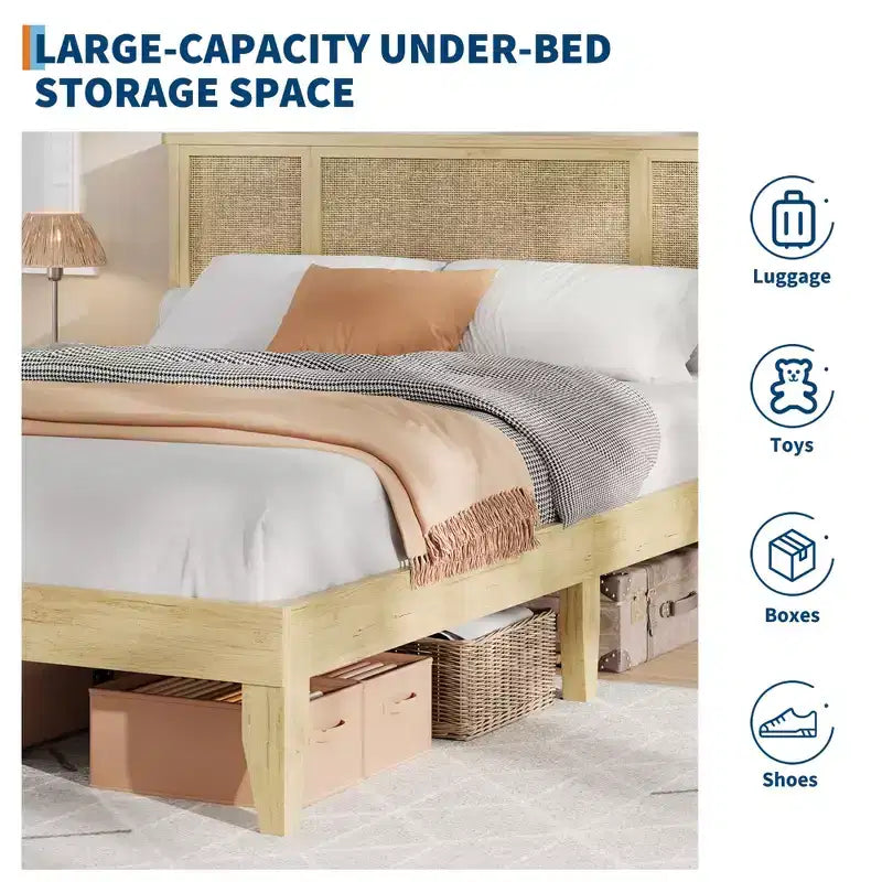 Cadre de lit avec tête de lit en rotin naturel, lattes en bois robustes, plateforme en métal, support de matelas en canne style bohème, aucun sommier tapissier requis, élégant