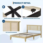 Cadre de lit avec tête de lit en rotin naturel, lattes en bois robustes, plateforme en métal, support de matelas en canne style bohème, aucun sommier tapissier requis, élégant