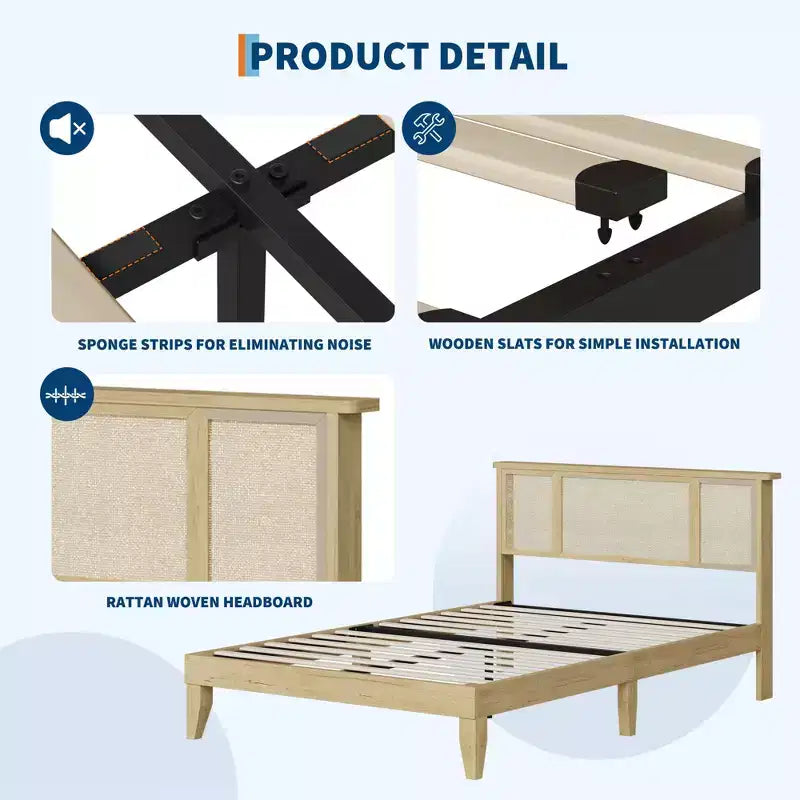 Cadre de lit avec tête de lit en rotin naturel, lattes en bois robustes, plateforme en métal, support de matelas en canne style bohème, aucun sommier tapissier requis, élégant