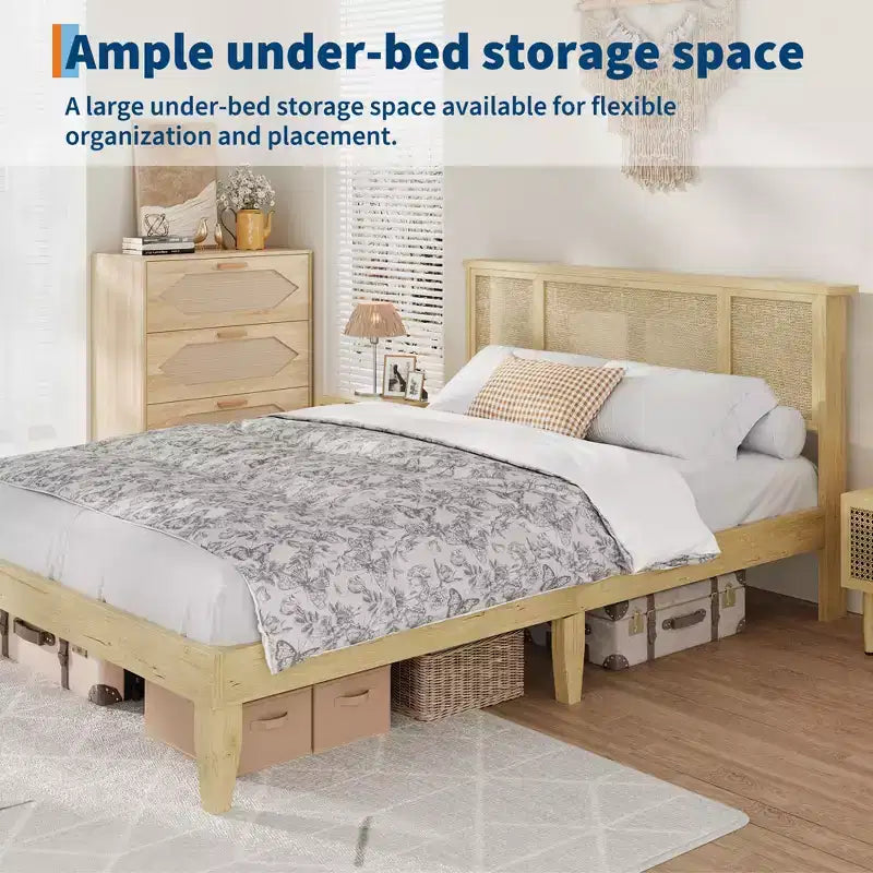 Cadre de lit avec tête de lit en rotin naturel, lattes en bois robustes, plateforme en métal, support de matelas en canne style bohème, aucun sommier tapissier requis, élégant