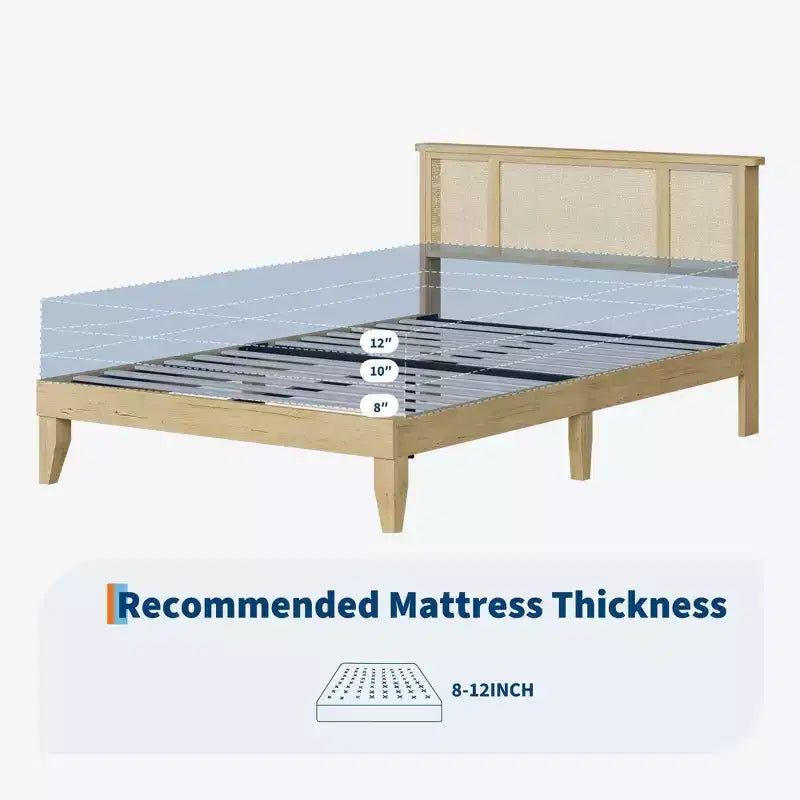 Cadre de lit avec tête de lit en rotin naturel, lattes en bois robustes, plateforme en métal, support de matelas en canne style bohème, aucun sommier tapissier requis, élégant