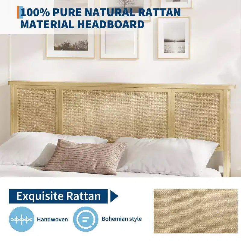 Cadre de lit avec tête de lit en rotin naturel, lattes en bois robustes, plateforme en métal, support de matelas en canne style bohème, aucun sommier tapissier requis, élégant