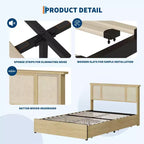 Cadre de lit avec tête de lit en rotin naturel, lattes en bois robustes, plateforme en métal, support de matelas en canne style bohème, aucun sommier tapissier requis, élégant