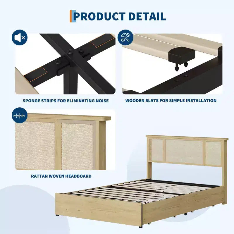 Cadre de lit avec tête de lit en rotin naturel, lattes en bois robustes, plateforme en métal, support de matelas en canne style bohème, aucun sommier tapissier requis, élégant