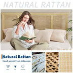 Cadre de lit avec tête de lit en rotin naturel, lattes en bois robustes, plateforme en métal, support de matelas en canne style bohème, aucun sommier tapissier requis, élégant