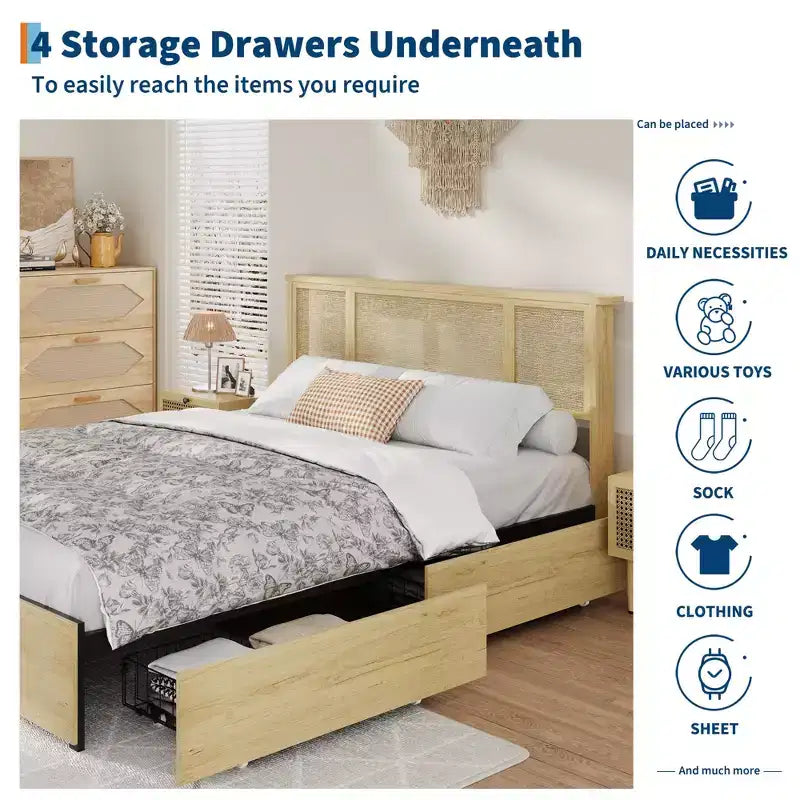 Cadre de lit avec tête de lit en rotin naturel, lattes en bois robustes, plateforme en métal, support de matelas en canne style bohème, aucun sommier tapissier requis, élégant