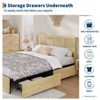 Cadre de lit avec tête de lit en rotin naturel, lattes en bois robustes, plateforme en métal, support de matelas en canne style bohème, aucun sommier tapissier requis, élégant