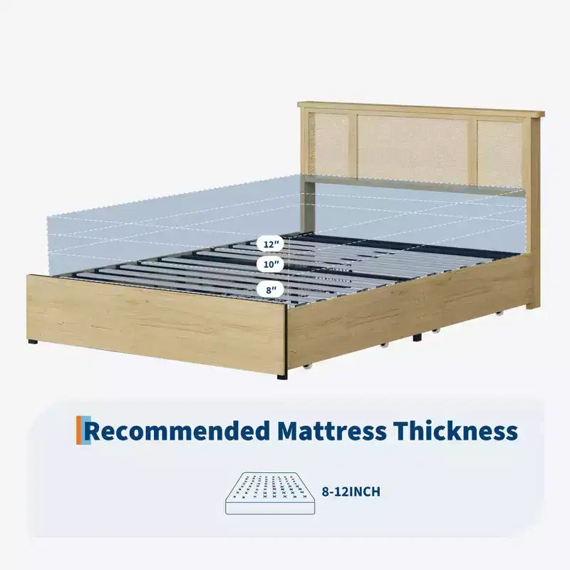 Cadre de lit avec tête de lit en rotin naturel, lattes en bois robustes, plateforme en métal, support de matelas en canne style bohème, aucun sommier tapissier requis, élégant