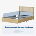 Cadre de lit avec tête de lit en rotin naturel, lattes en bois robustes, plateforme en métal, support de matelas en canne style bohème, aucun sommier tapissier requis, élégant
