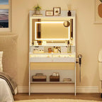 Commode avec miroir en bois - Coiffeuse moderne blanche avec miroir LED, prise de courant, 3 modes d'éclairage, 4 tiroirs de rangement pour chambre à coucher
