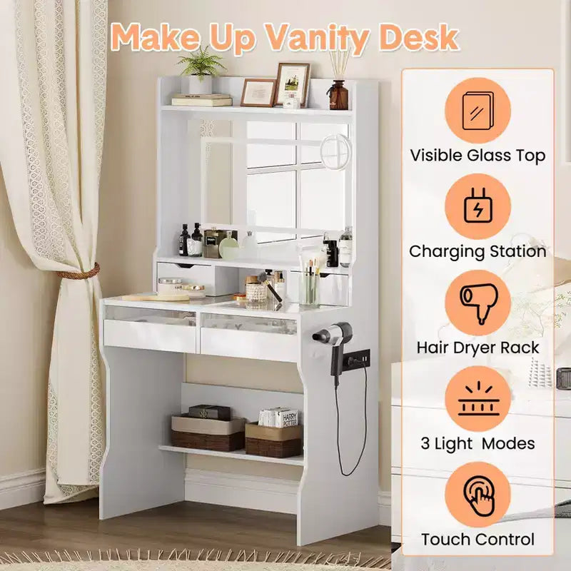 Commode avec miroir en bois - Coiffeuse moderne blanche avec miroir LED, prise de courant, 3 modes d'éclairage, 4 tiroirs de rangement pour chambre à coucher