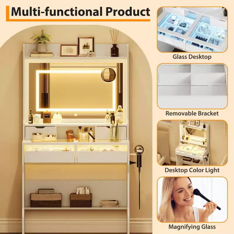 Commode avec miroir en bois - Coiffeuse moderne blanche avec miroir LED, prise de courant, 3 modes d'éclairage, 4 tiroirs de rangement pour chambre à coucher