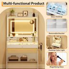 Commode avec miroir en bois - Coiffeuse moderne blanche avec miroir LED, prise de courant, 3 modes d'éclairage, 4 tiroirs de rangement pour chambre à coucher