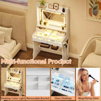Commode avec miroir en bois - Coiffeuse moderne blanche avec miroir LED, prise de courant, 3 modes d'éclairage, 4 tiroirs de rangement pour chambre à coucher