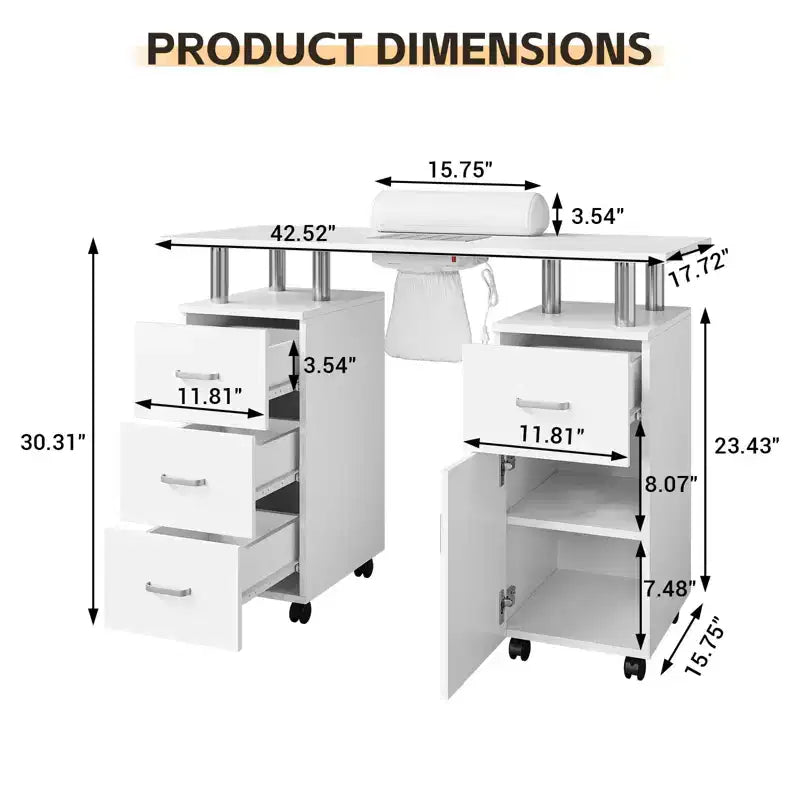 Table de manucure – Poste de travail technique avec collecteur de poussière électrique, roulettes verrouillables, 4 tiroirs et armoire pour salon de beauté