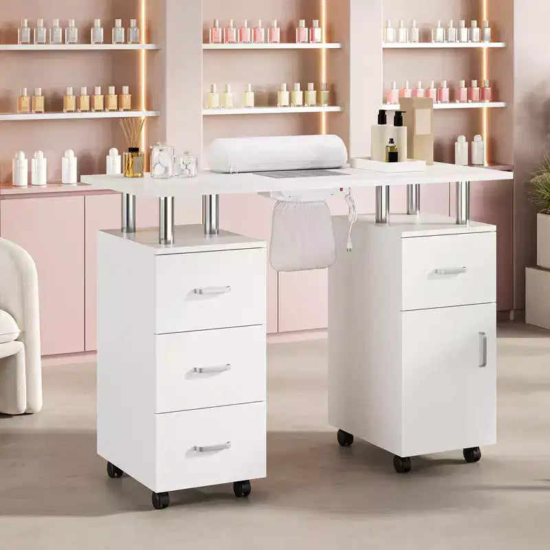 Table de manucure – Poste de travail technique avec collecteur de poussière électrique, roulettes verrouillables, 4 tiroirs et armoire pour salon de beauté