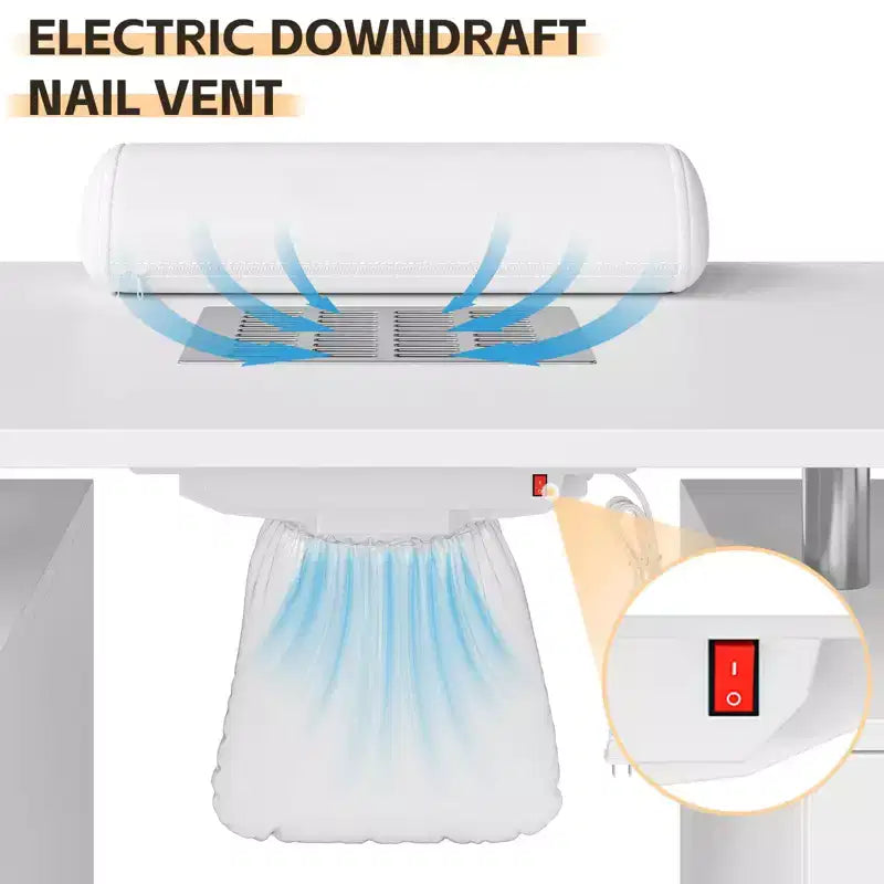 Table de manucure – Poste de travail technique avec collecteur de poussière électrique, roulettes verrouillables, 4 tiroirs et armoire pour salon de beauté