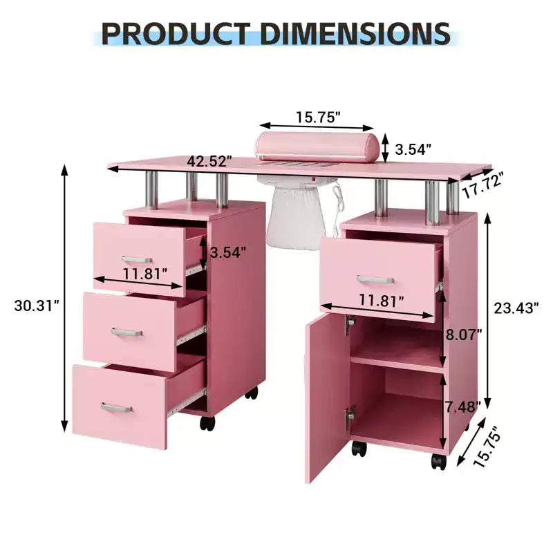 Table de manucure – Poste de travail technique avec collecteur de poussière électrique, roulettes verrouillables, 4 tiroirs et armoire pour salon de beauté