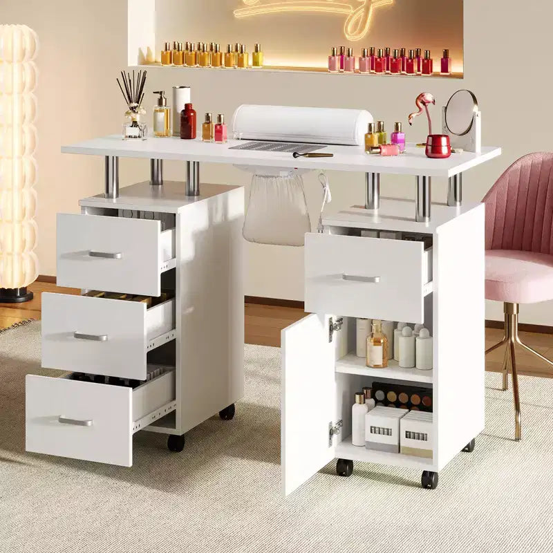 Table de manucure – Poste de travail technique avec collecteur de poussière électrique, roulettes verrouillables, 4 tiroirs et armoire pour salon de beauté