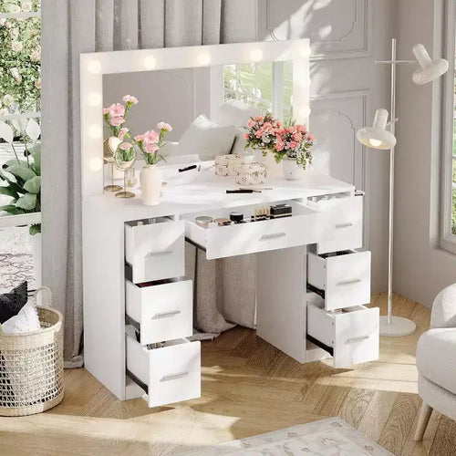 Acekool White Vanity Desk with Mirror, Adjustable Lighting & Power Outlets, 7 Drawer Makeup Table for Bedroom or Dressing Room