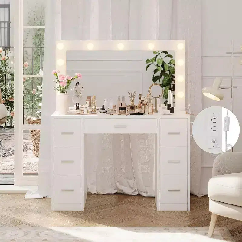 Acekool Coiffeuse Blanche avec Miroir, Éclairage Réglable et Prises Électriques, Table de Maquillage à 7 Tiroirs pour Chambre ou Dressing