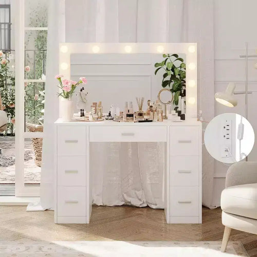 Acekool Coiffeuse Blanche avec Miroir, Éclairage Réglable et Prises Électriques, Table de Maquillage à 7 Tiroirs pour Chambre ou Dressing