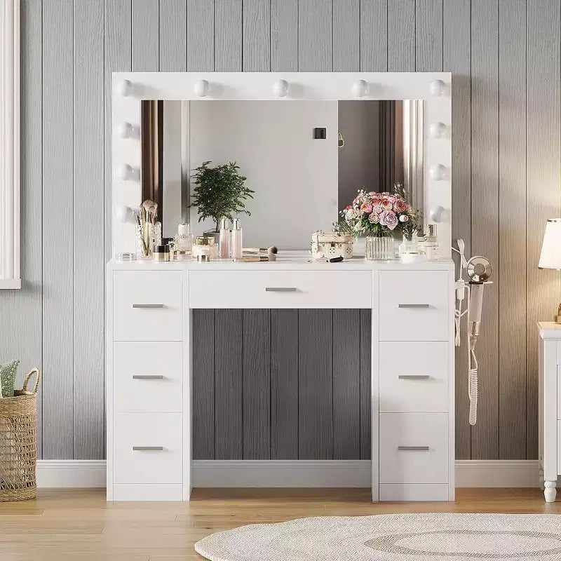 Acekool Coiffeuse Blanche avec Miroir, Éclairage Réglable et Prises Électriques, Table de Maquillage à 7 Tiroirs pour Chambre ou Dressing