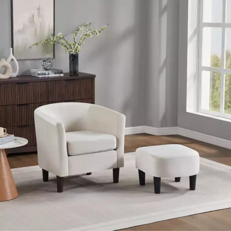 Fauteuil en velours avec pouf, fauteuil barillet moderne pour salon, chambre à coucher