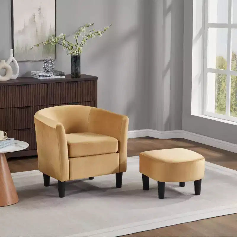Fauteuil en velours avec pouf, fauteuil barillet moderne pour salon, chambre à coucher
