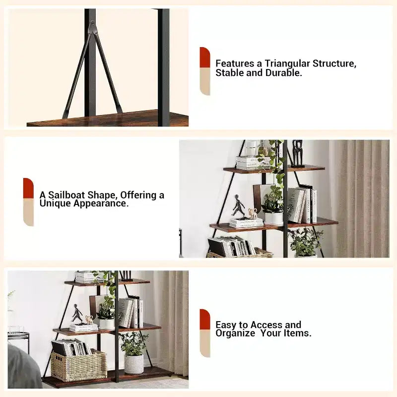Étagère en forme de voilier, bibliothèque, design échelle à 4 niveaux, étagères de rangement autoportantes robustes, gain de place pour salon, bureau, chambre