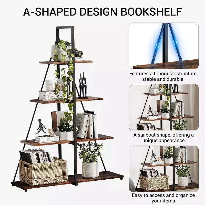 Étagère en forme de voilier, bibliothèque, design échelle à 4 niveaux, étagères de rangement autoportantes robustes, gain de place pour salon, bureau, chambre