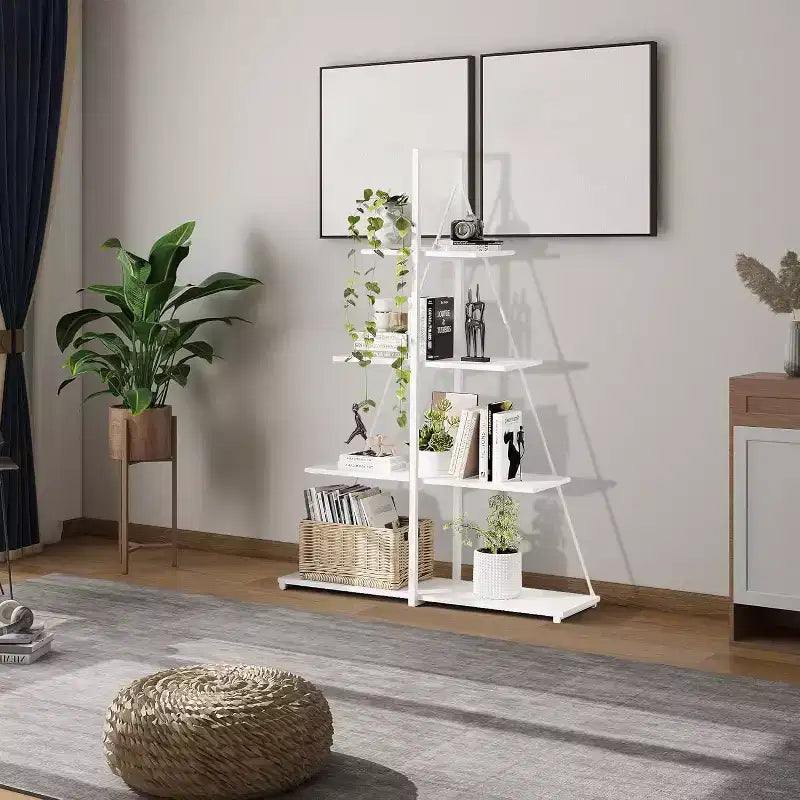 Étagère en forme de voilier, bibliothèque, design échelle à 4 niveaux, étagères de rangement autoportantes robustes, gain de place pour salon, bureau, chambre