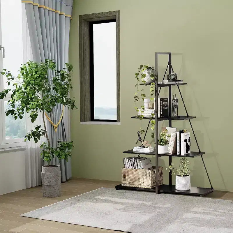Étagère en forme de voilier, bibliothèque, design échelle à 4 niveaux, étagères de rangement autoportantes robustes, gain de place pour salon, bureau, chambre