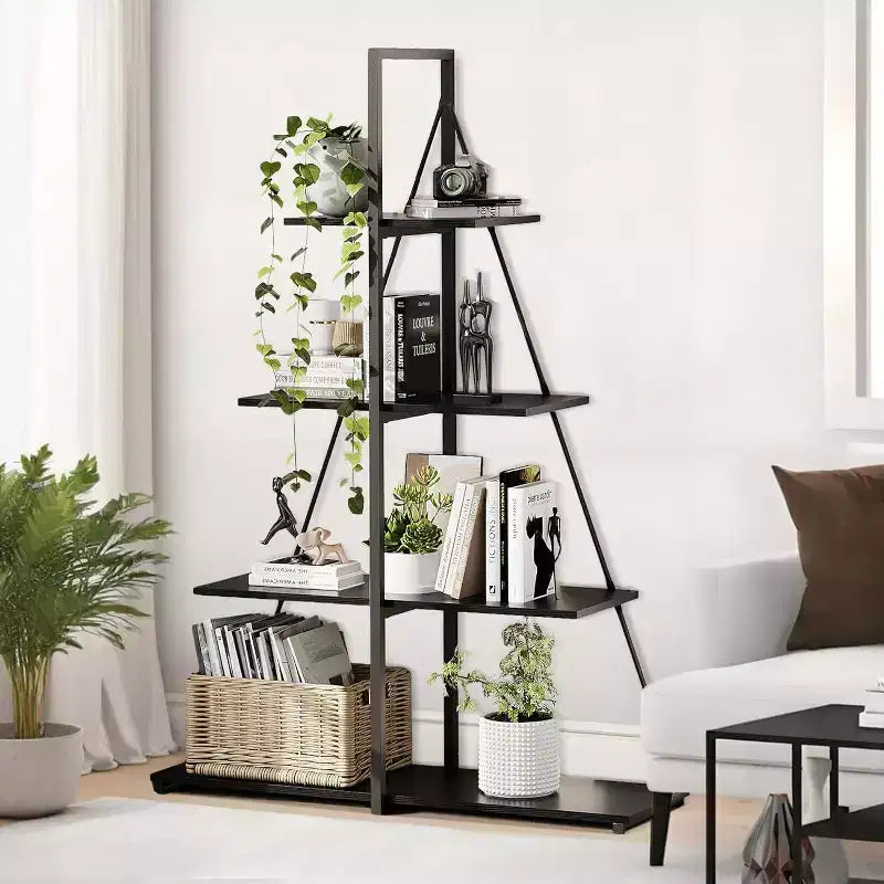 Étagère en forme de voilier, bibliothèque, design échelle à 4 niveaux, étagères de rangement autoportantes robustes, gain de place pour salon, bureau, chambre