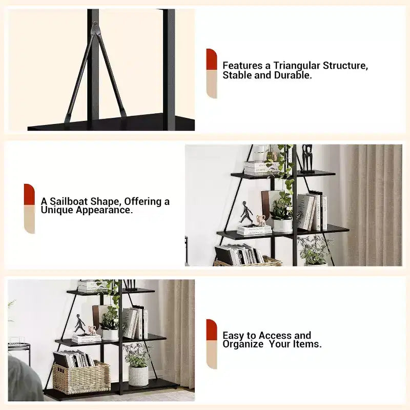 Étagère en forme de voilier, bibliothèque, design échelle à 4 niveaux, étagères de rangement autoportantes robustes, gain de place pour salon, bureau, chambre